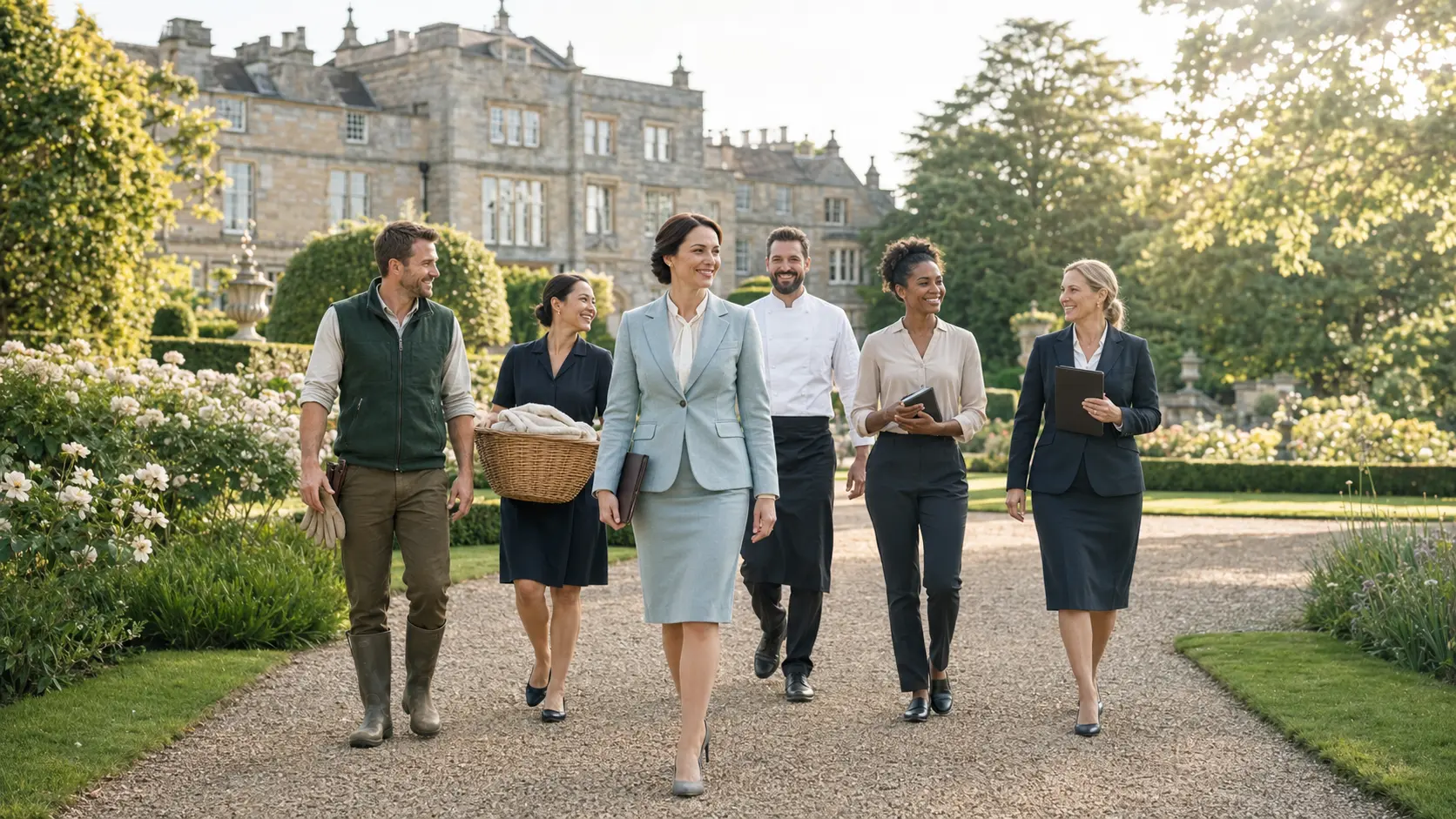 International private household dream team walking through a sunlit garden in front of a grand residence